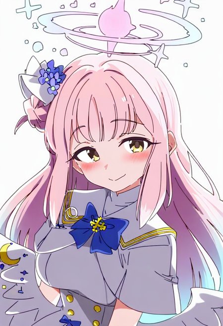 1girl, mika \(blue archive\), pink hair, halo, solo, wings, long hair, yellow eyes, single side bun, looking at viewer, smile, hair ornament, simple background, dress, hair flower, white background, hair bun, flower, white dress, bow, low wings, capelet, blue bow, blush, white wings, crescent, angel wings, bangs, closed mouth, feathered wings, upper body, scrunchie <lora:ixyXL_NBVP1_lokr_V6311PZ:0.95>