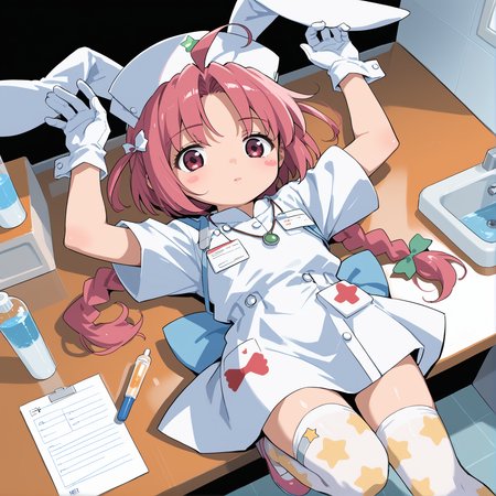 PonyScores7, source_anime, ah1, 1girl, lips, bad-hands-5, <lora:xl_more_art-full_v1:0.2>, <lora:shinyskin2:0.2> glistening skin, <lora:aesthetic_anime_v1s:0.2>, <lora:Expressive_H:0.2> Expressiveh, <lora:hairdetailpxl:0.2> hairdetailpxl, <lora:EpicF4nta5yXL:0.2>, <lora:detailxl:0.2> detailxl, <lora:Fant5yP0ny:0.2>, best quality, amazing quality, best aesthetic, absurdres, <lora:expressive eyes:0.2> expressive eyes, <lora:eyedetailpxl:0.2> eyedetailpxl, illustration, Volumetric_Lighting, ultra-detailed, very aesthetic, intricate details, 8k, masterpiece, best_quality, (amused), (Dutch Angle view Close shot (focus on waist)), (Doctor Examination Room, Clinical space with an adjustable examination table at its center, a rolling stool for the physician, cabinets stocked with medical supplies and instruments, a sink with hand sanitizer dispenser nearby, a computer workstation against the wall), (A woman lying on her back with one leg bent and the other stretched out, her hands above her head), <lora:Eyes_High_Definition:0.3> EyesHD, looking at viewer,  Stable_Yogis_PDXL_Positives, AS-Adult, <lora:nakahara_komugi_pony_v1:0.8> nakahara_komugi, pink hair,hat, animal ears, braid, pink eyes, ahoge, long hair, rabbit ears, wings, star print, jewelry, star (symbol), dress, white gloves, stickers, zettai ryouiki, print thighhighs, winged footwear,