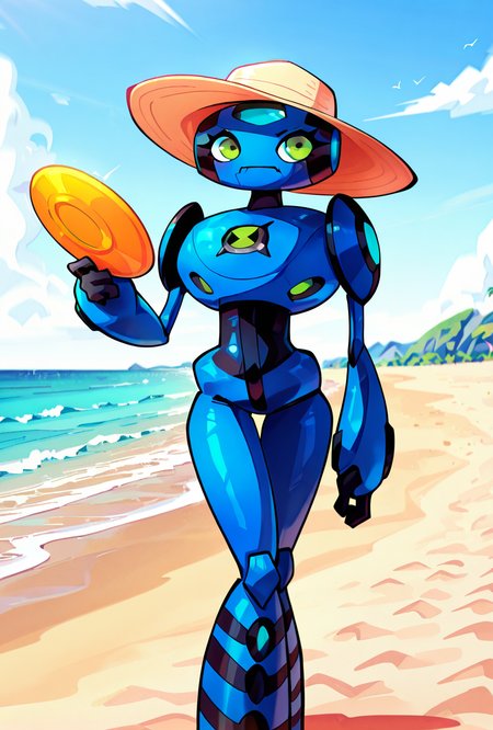 <lora:ulteco-10:1> ulteco, pokemon (creature),blue robot, green eyes, closed mouth,   <lora:sakfsdajfkasd:1> alpharecdyt on the beach, sut set hour, beach hat, holding frisbee,, masterpiece, best quality, amazing quality, very aesthetic, absurdres, newest,