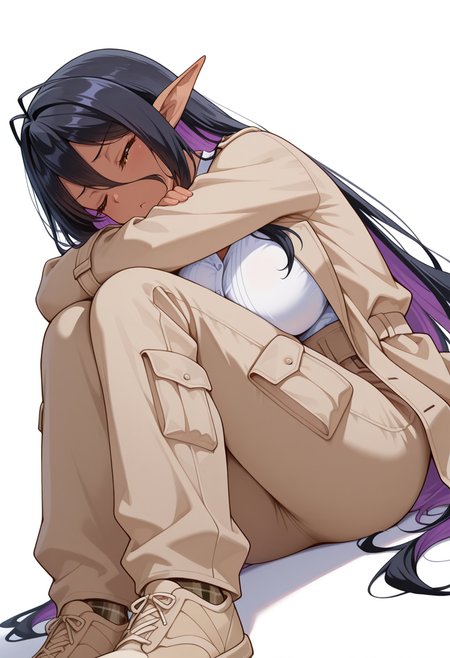 masterpiece,high quality details, absurdres,
 <lora:Mariabell:0.8>
mariabell_cnr, black hair, purple hair,olored inner hair, very long hair,  hair between eyes,dark elf, slit pupils, large breasts,antenna hair,, simple background, white background, from below,solo,, ;<,, curled fetal position,sitting sideways,half-kneeling position,, wince,sulking,, bishop sleeve blouse  ,trench coat ,cargo pants, ,plaid legwear,