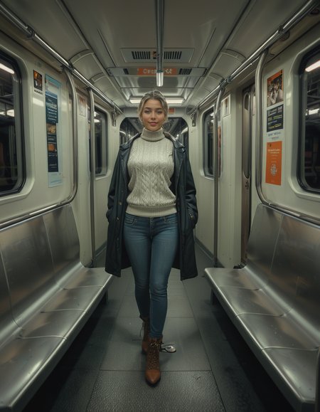 A modern subway train,Subw4y tr41n, in motion, with a single woman standing near the center of the train car, holding onto a shiny metal pole for balance as the train glides along the tracks. The woman is dressed casually yet stylishly, wearing a long black coat over a beige turtleneck sweater, paired with slim-fit jeans and ankle boots. Her hair is neatly tied back into a low bun, with a few loose strands framing her face. She has a thoughtful, calm expression, her gaze directed slightly downward as if lost in her own world. In her other hand, she holds a small tote bag, its strap looped over her wrist, with a paperback book peeking out from the top.
The subway car is clean but shows subtle signs of daily use. The walls are lined with muted gray panels, and the seats along the edges of the car are upholstered in a dark blue fabric, slightly faded from wear. Overhead, fluorescent lighting casts a bright, even glow across the interior, causing faint reflections on the polished floor, which is marked with the occasional scuff from commuters' shoes. Metal grab handles hang from above, gently swaying with the trainâs movement, and shiny steel poles are strategically placed throughout the car.
The windows on both sides reveal a blurry, motion-filled view of the dark subway tunnel, interspersed with flashes of graffiti-covered walls and dim utility lights. Above the windows, digital displays show the next stop in bright LED text, along with a route map that runs the length of the car. Small advertisements are mounted on the walls, showcasing everything from city events to product promotions, some with vibrant colors that add subtle contrast to the neutral tones of the train.
The atmosphere feels still and introspective, with the soft hum of the train and the occasional squeal of the wheels on the track. The train is sparsely occupied, with a few empty seats and subtle details like a forgotten coffee cup on one bench and a folded newspaper lying on the floor. The overall mood is quiet and reflective, capturing a moment of solitude and thoughtfulness during an ordinary subway ride.<lora:SDXLFaeTastic2400:0.4> <lora:extremely_detailed:0.4> extremely detailed, <lora:Subw4y_tr41n:1>, Masterpiece,best quality,hi res,8k,hi res,8k,award winning,(sharp focus, intricate, highly detailed),