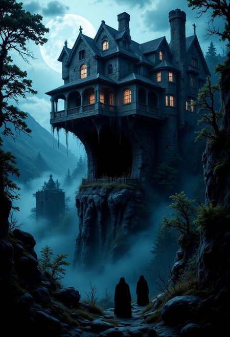 An ancient, crumbling mansion perched on a cliffside, with glowing windows and shadowy figures moving inside.
  , aidmaHalloweenBoost, aidmafluxpro1.1, aidmaimageupgrader, aidmaHyperrealism