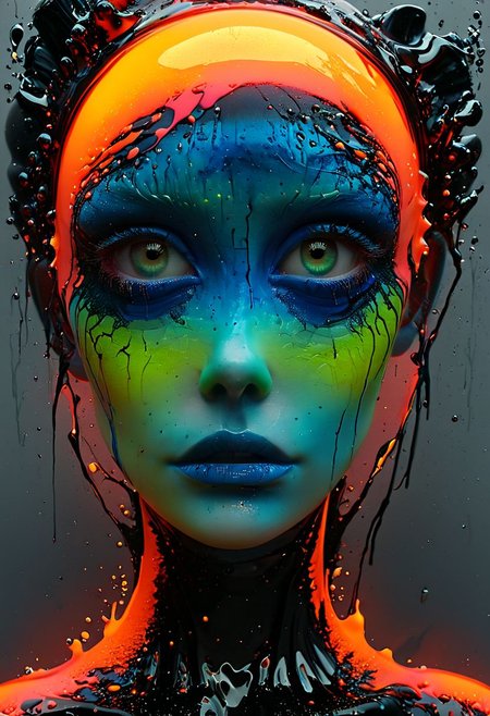 cinematic photo Ombre color scheme of neon blue, neon pink, neon yellow, neon green, neon orange, big eyed alien, in the style of textured illustrations, dark gray and bronze, online sculpture, naoto hattori, jeremy lipking, dark sky-blue and orange  neon glitch <lora:GigerRainbowXL:0.49> g1h3r <lora:MJ52:0.7>  <lora:Retro_Ink_SDXL:0.38> retro ink <lora:sss:0.8> <lora:Niji_glitch__neon_aesthetic:0.8> <lora:linquivera:0.38> linquivera, liiv1 <lora:Melting_world:0.46> , subsurface scattering, Photorealistic, Hyperrealistic, analog style, realistic, film photography, soft lighting, heavy shadow, 35mm photograph, film, bokeh, professional, 4k, highly detailed