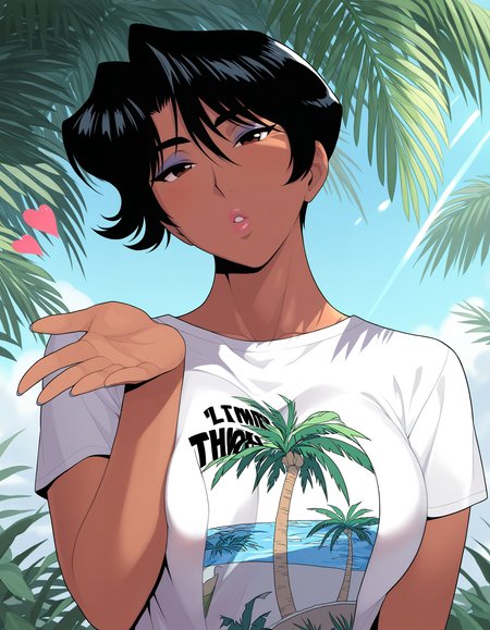 masterpiece, good quality, best quality, absurdres, highres, very awa, 
hayami ayuko, upper body, blowing kiss, head tilt,
dark-skinned female, 1girl, solo, parted lips,
black hair, short hair, brown eyes, makeup, lips, lipstick,
white shirt, t-shirt, print shirt, palm tree print,
large breasts,
outdoors, tree, sidelighting, sunlight, day,
<lora:Hayami Ayuko 3216 NoobAIXL Vpred:1> 5 fingers
