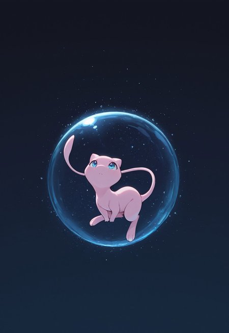 masterpiece, best quality, amazing quality, very aesthetic, absurdres, PKMN_Mew, solo, no humans, pink fur, blue eyes, sitting on oversized bubble, starry background, dark background, dynamic pose, perspective, looking up, ?