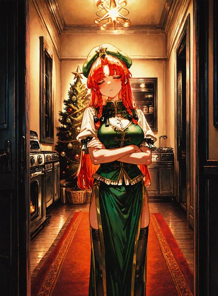 1girl, hong_meiling, blush ,braid, breasts ,chinese_clothes ,hat, long_hair, standing ,red_hair ,shirt star_(symbol) ,thighhighs, twin_braids, white_shirt,sleepy ,against_wall ,zzz,closed_eyes ,crossed_arms ,pov,
chrlib, scenery, indoors, living room, night, oven, christmas tree, christmas ornaments, red carpet,
, Fishine,ireading ,noya_makoto ,quasarcake, retro_artstyle, retro,looking_at_viewer ,
masterpiece, best quality, amazing quality, very aesthetic, absurdres,  newest, <lora:ponyv5_noobE11_1_adamW:0.6>, <lora:add-detail-xl:0.5>, <lora:cfg_scale_boost:0.5>, <lora:retro_scifi_artstyle:0.6>, <lora:USNR STYLE_XL_loha:0.6>, <lora:Christmas living room:0.6>