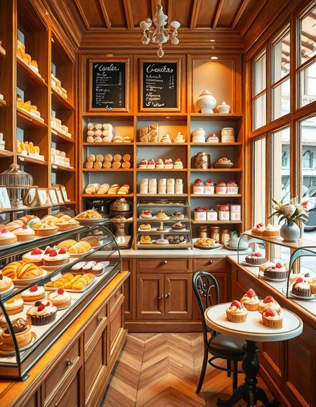 A beautifully designed, elegant pastry shop with a luxurious European-inspired aesthetic. The interior features intricate moldings, high ceilings, and large arched windows that allow natural daylight to stream in, casting a soft glow over the polished marble floors. The walls are adorned with pastel-colored wallpaper, delicate gold accents, and vintage-style framed paintings of pastries and tea sets.
The centerpiece of the shop is a long glass display case filled with an exquisite assortment of pastries, including colorful macarons, delicate éclairs, fruit tarts with glistening glaze, and elegantly decorated cakes with intricate sugar flowers. Behind the counter, shelves lined with neatly arranged boxes of artisanal chocolates, fine teas, and jars of homemade jam add to the refined atmosphere. Crystal chandeliers hang from the ceiling, casting a warm golden light that reflects off the glass surfaces.
Small round tables with marble tops and wrought iron chairs are arranged neatly throughout the space, each set with fine porcelain teacups and decorative napkins. A large antique-style clock hangs on the wall above a wooden shelving unit filled with fresh baguettes and croissants resting in woven baskets. The air is filled with the inviting scent of fresh-baked pastries, vanilla, and rich espresso.
In the background, a grand espresso machine with polished brass fittings sits atop a marble counter, next to a beautifully arranged tiered cake stand displaying freshly made confections. A large, arched doorway with a carved wooden frame leads to a cozy back room with additional seating and a vintage-style menu board showcasing the shop's specialties written in elegant calligraphy. The entire setting evokes a sense of refinement, charm, and indulgence, with a warm and welcoming ambiance.
<lora:SDXLFaeTastic2400:0.4> <lora:extremely_detailed:0.4> extremely detailed, <lora:elegant_p4stry_sh0p_illus:1>,elegant p4stry sh0p, Masterpiece,best quality,hi res,8k,hi res,8k,award winning,(sharp focus, intricate, highly detailed),