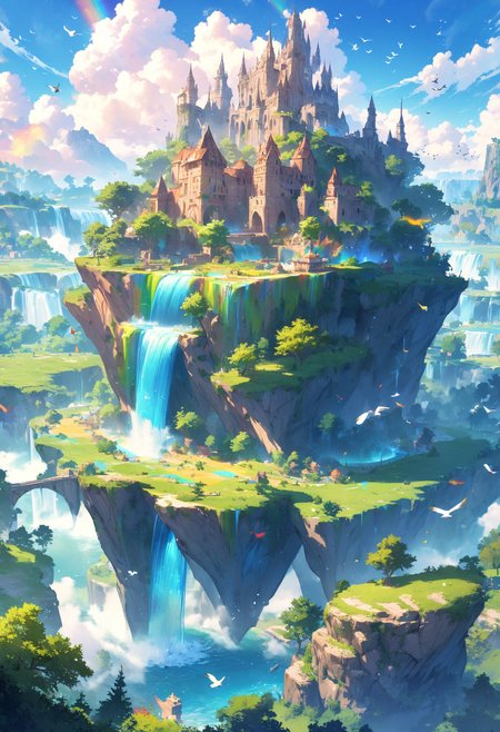 detailed lanscape, celestial island, waterfall, blue sky, clouds, stone castle, green, grass, trees, birds flying, fantasy, colorful, best quality, very aesthetic, absurdres, <lora:add-detail-xl:1>, <lora:MJ52:0.25>