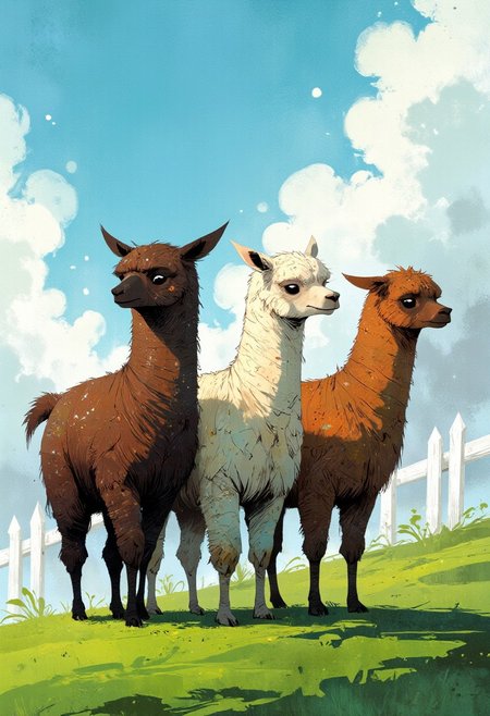 ppstorybook, A medium-close-up view of three different colored alpacas standing in a grassy field. They have longer hair and look very fluffy. The alpaca on the left is facing the camera, while the other two are facing the right. They are all facing the same direction, and their bodies are slightly angled to the left. The back of the alpaca is slightly angled towards the left side of the image, and the front of the one on the right is facing towards the right side. Behind them is a white fence, and in the background is a blue sky with white clouds.