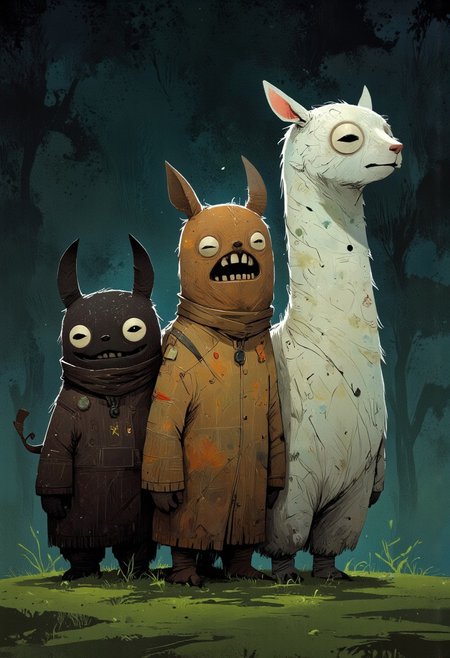 fugglers, A medium-close-up view of three differently colored and differently sized alpacas standing in a grassy field. They have long hair and look very fluffy. The alpaca on the left is facing the camera, while the other two are facing the right. They are all facing the same direction, and their bodies are slightly angled to the left. The back of the alpaca is slightly angled towards the left side of the image, and the front of the one on the right is facing towards the right side. Midnight, dark horror background, CreeepyCuteMagic, ppstorybook