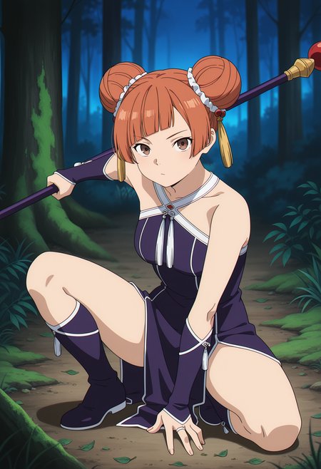 anime screencap, masterpiece, best quality,
<lora:SousouNoFrieren_Laufen_IlluXL:0.9>,  
1girl, solo,
orange hair, short hair, double bun, blunt bangs, brown eyes, tassel hair ornament,
LaufenSSnF, china dress, sleeveless dress, purple dress, halterneck, bridal gauntlets, knee boots, purple footwear,
holding staff, outstretched arm, out of frame, hand on floor,
dark, night, squatting, spread legs, fighting stance, looking at viewer,
photo background, forest, tree, moss, leaf, grass, nature, blurry background