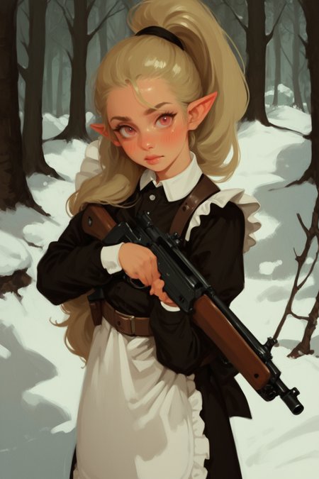 1girl, gun, weapon, solo, holding, holding gun, holding weapon, pointy ears, maid, rifle, apron, dress, looking at viewer, outdoors, blonde hair, long hair, ponytail, belt, long sleeves, white apron, closed mouth, snow, forest, brown belt, collared dress, pink eyes, maid apron, blush, red eyes, black dress, nature, tree, m1 garand, zPDXL3, detailxl,  Score_PnyReal, (lineless:1.5)