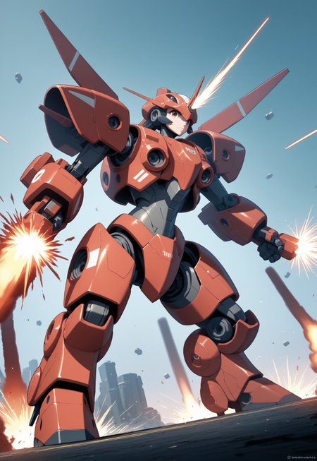 PonyXLV6_Scores BREAK prcl3nm1x, Dynamic battle scene featuring (mecha:1.3) warriors clashing in a (futuristic:1.2) landscape, (explosions:1.4) and (energy blasts:1.3) illuminating the sky, intense expressions, (detailed armor:1.2), dramatic poses, swirling dust, cinematic lighting, inspired by (Yoshiyuki Tomino:1.4) and (Makoto Shinkai:1.3)