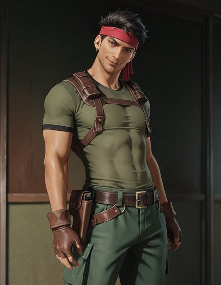 masterpiece, best quality, newest, perfect quality, best quality, detailed background, intricate details, male focus, realistic, solo, <lora:FF7 - Biggs - Illustrious-000007:0.7>, 7biggs, dark skin, 1boy, black hair, short hair, brown eyes, stubble, red headband, single earring, green shirt, harness, holster, belt, brown gloves, fingerless gloves, green capri pants, boot, head tilt, looking at viewer, smirk