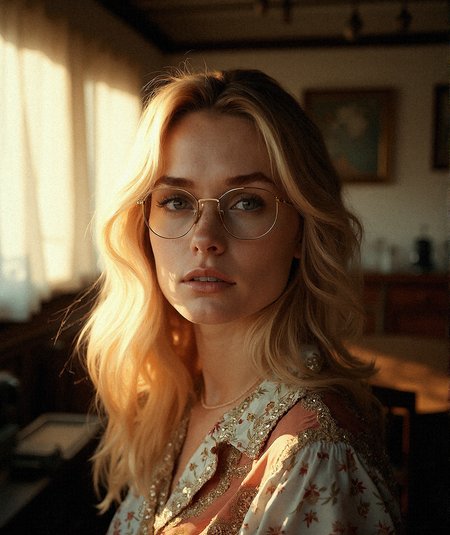 a photorealistic vintage close-up portrait of a woman with voluminous, golden-blonde hair, wearing large, round glasses. She stands in a 1960s-inspired room, filled with wooden furniture and sepia-toned decor. The sunlight streams through lace curtains, casting delicate patterns on her face, adding to the nostalgic ambiance. Her hair is styled to frame her face naturally, with a few loose strands accentuating her effortless beauty. She wears a classic outfit with subtle patterns, blending seamlessly into the warm, muted colors of the room. The photograph has a film grain texture, enhancing the vintage feel, with rich contrasts and soft focus on the edges. Her expression is thoughtful and serene, as she gazes slightly off-camera, adding a sense of depth and introspection to the scene. The overall atmosphere is cozy, evoking memories of a bygone era, with attention to lighting and texture that enhances the authenticity of the vintage aesthetic.Half-lit face with shadows falling on one side, creating a dramatic and mysterious effect.








