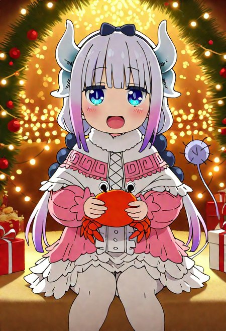 Masterpiece, (Best quality:1.2), (scenary:1.2), dynamic light,, Christmas, sand,, Animal Christmas, masterpiece, best quality, ((holding a Crab)), (orange medium Crab), mini gift box,, kawaii style, sitting,, dragon_horns, Kanna_Kamui, curious expression, smile, :D , looking at viewer, perfect eyes, blue_eyes,, pink_hair, low_twintails, long_hair,, tail, frilled_capelet, frilled_dress, pink_dress, puffy_long_sleeves,, holly berries, pine garlands, snowfall, warm light, sparkling lights,,
