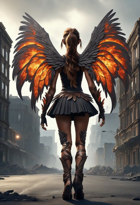 awesome quality, dynamic,DonMDr4g0nXL woman from behind,wings attached to back,skirt, (draconid:0.25) brown volcanic troll,  urban landscape mixed-use building  <lora:myLora\DonMDr4g0nXL-v2rb:1>,