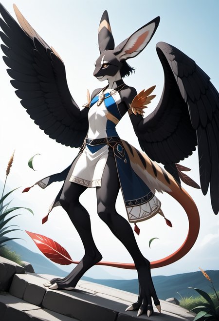 1person, Palagiri, anthro, feline features, feline nose, large ears, ((winged arms)), large wings, handfeet, prehensile toes, digitigrade legs, long tail, tapering tail, feather-tipped tail,
Dutch angle, 
Source: anime, score: 9, score: 8up,