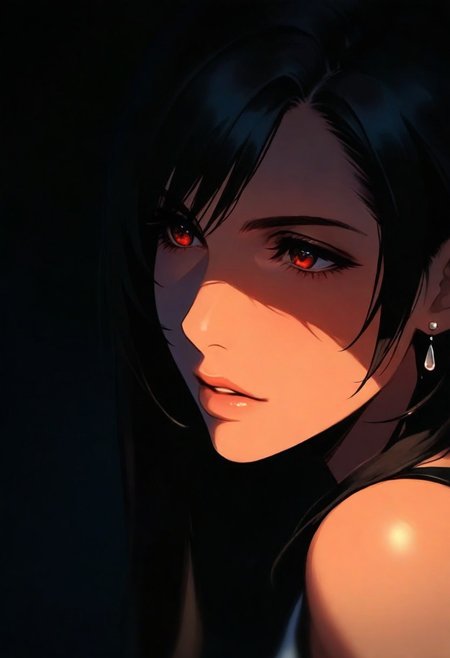 1girl, (tifa_lockhart), solo, dark, light, masterpiece, best quality, very aesthetic, close up,  parted lips