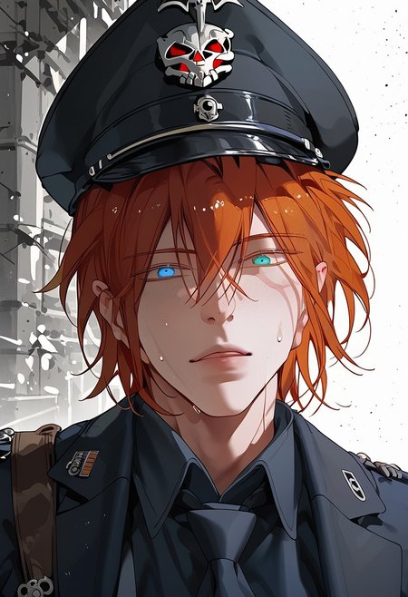 score_9, score_8_up, score_7_up, score_6_up, source_anime, 2d, 1boy, handsome boy, athletic body, manly boy, toned body, toned, male focus, solo, sweat, <lora:Chaos__Hero_Killer__Manhwa__webtoon:1>, Chaos, heterochromia, blue eye, green eye, auburn hair, medium hair, scars all over the body, closed lips, perface face, (perfect face, perfect eyes:1.2), looking at viewer, bishounen, toned male, athletic build, large pectorals, abs, six pack, pecs, cute boy in his mid twenties, hand holding a pistol, he is standing in the park at nighttime, midnight background, lamppost, <lora:warden-ponyxl-lora-nochekaiser_r1:1>, skull hat ornament, uniform, military uniform, black uniform, hat, cap, black cap, armband, collared shirt, black necktie, hand behind back, straight posture, swastikas armband, empty expression, pointing a gun at viewer, pistol
