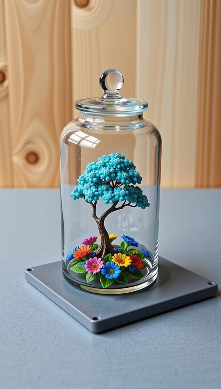 <lora:ck-plastic-models.safetensors:1> a diorama of a plastic model kit featuringThere is a clear glass jar on a grey surface with a wooden background. A delicate painting inside depicts a swirling tree in shades of cyan and blue amidst rainbow-colored flowers, rendered with fine brushstrokes. The setting is completely empty and devoid of atmosphere.