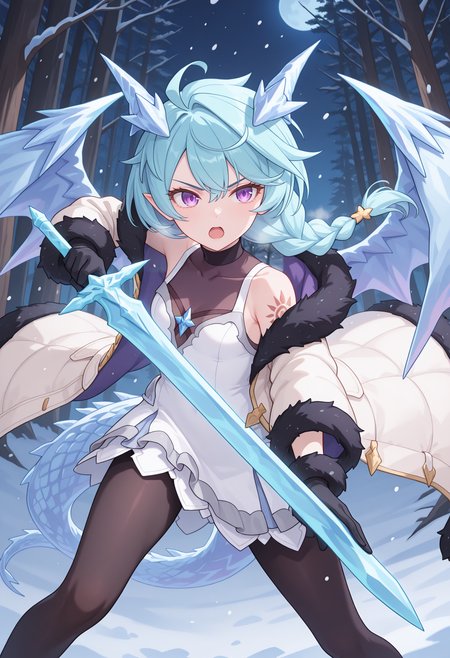 pcrsheffy, blue hair, long hair, braid, purple eyes, dragon tail, dragon horns, dragon wings, ahoge, arm tattoo, purple eyes, shefdef, coat, white coat, fur trim, white dress, covered collarbone, sleeveless, bare shoulders, black gloves, black pantyhose, snow, forest, night, serious, fighting stance, dynamic pose, holding sword, ice sword, open mouth,<lora:_sheffy_pcr-elesico-ilxl-v11A-15:1> highres, best quality, masterpiece, 
1girl, solo,