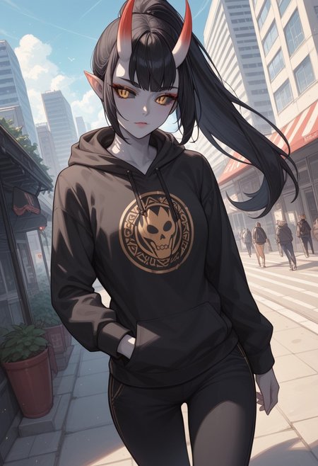 safe_pos, score_9, score_8_up, score_7_up, score_6_up, rating_questionable, 1girl, Polly, PollyRH, oni horns, pointy ears, colored sclera, third eye, black sclera, slit pupils, grey skin, long black hair, ponytail, gold eyes, HD32k, dynamic pose, aesthetic, perspective, solo, detailed, sensual look,  walking, black print hoodie, pants, city, angle shot, looking away, pensive 