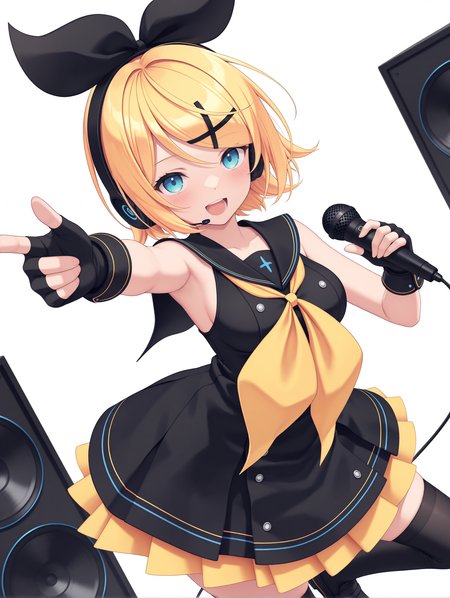 masterpiece,best quality,newest,
1girl,solo,
medium breasts,<lora:s_k_rim_ilxl_v1.0:1>,h_b,hair bow,h_p,headphones,rin,x hair ornament,blonde hair,blue eyes,short hair,r_clothes,sblack sailor collar,yellow neckerchief,sleeveless dress,black short dress,fingerless gloves,black_thighhighs,
<lora:Fixhands_anime_bdsqlsz_V1:1>,knee_up,singing,dancing,light_blush,dynamic_angle,cinematic_angle,speaker,microphone,holding_microphone,cowboy_shot,looking_at_viewer,reaching,pointing_at_viewer,laughing,simple_background,white background,face_focus,
