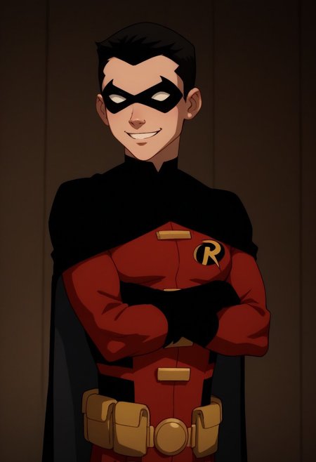 score_9, score_8_up, score_7_up, highly detailed, cute boy, 1boy, solo, timdrakeyj, red outfit, robin symbol, black cape, utility belt, domino mask, black hair, smile, arms crossed