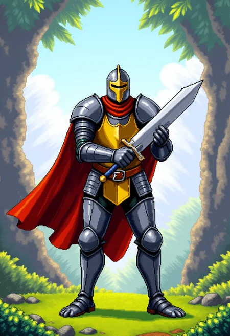 <lora:KFT_2d_Pixel_Style_FLUX-000017:1>
The image is a vibrant kftpxl pixel art illustration featuring    a knight in full armor wielding a large sword