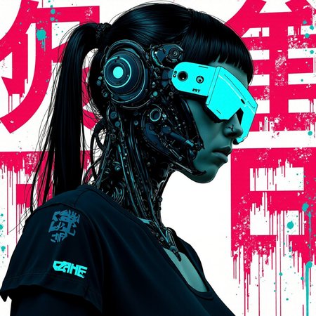 cyberpunk, anime, Cyber Punk cyborg hacker woman portrait, highly detailed Mayhem style splattered Silhouette, background bizarre techno ghetto transmission, style minimalist, conceptual art posing Japanese, conceptual, 2d render, illustration, cinematic, photo epic action, cinematic, award winning artwork, many details, patterned illumination, bad VHS tape image artifacts
  <lora:CPA:1> <lora:STSFLUXBIG:1.3>