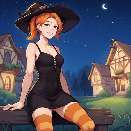 score_9, score_8_up, score_7_up, score_6_up, score_5_up, score_4_up, zPDXL2,source_anime,rating_questionable,  <lora:Robin_SDV_-_V2:0.8> Robin_SDV,1girl, solo, outdoors, green eyes, orange hair, ponytail, witch hat, black dress, striped thighhighs, town square, night, smile, night time, starry sky
