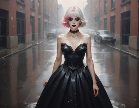 (score_9,score_8_up,score_7_up:1), 1girl, full body, high angle view from behind, horror, daylight, warm tones, lip bitingly horny, (goth, (black lipstick, black mascara, black eyeshadow)), (toned), white hair pink highlights, hightail hairstyle, choker, eyeshadow)), (bloodless white oiled skin), gigantic breasts, (Sprinting), rain Server room, (tulle dress, ballgown, gown, Veil, fluffy dress), <lora:zy_AmateurStyle_v2:1> photo, grainy, amateur, 2000s nostalgia, webcam photo