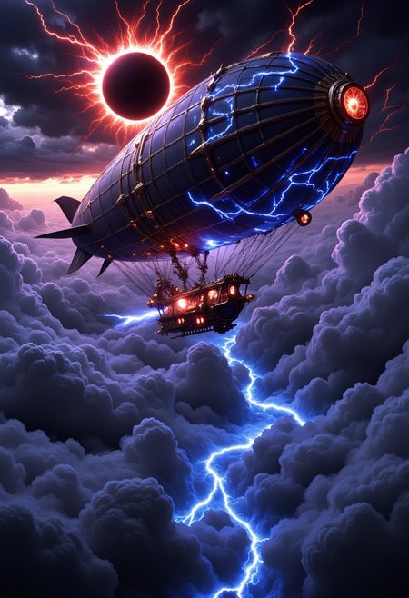 Side view of a digital artwork depicting a colossal fantasy zeppelin soaring high above the clouds during a dramatic solar eclipse. The zeppelin is an enormous, intricately designed airship, with a sleek, streamlined hull made of dark, polished metal and wood, adorned with ornate golden carvings and mystical runes that glow faintly. Its large, curved gas bags are lined with shimmering black fabric, reflecting the fiery corona of the solar eclipse above. Massive sails of dark, enchanted cloth ripple in the wind, crackling with electric blue and red energy, glowing with an otherworldly aura. The solar eclipse casts a surreal shadow across the sky, creating a halo of light around the darkened sun, while swirling cosmic clouds in hues of purple, blue, and black churn below. The turbulent skies are punctuated by bright lightning strikes that illuminate the scene, casting dramatic light across the zeppelin as it moves gracefully above the swirling, chaotic storm below. The airship, with its ethereal presence, seems to glide effortlessly through the powerful winds, exuding a sense of ancient power and mystery.