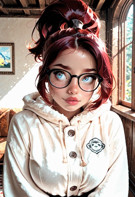 kisliptu style, abbe bi style, basety style, sassy style, pomagip, dalle style, midjourney style, thepit style, samdoesart style, owler style, cherrmous style, arosen style, anime style, suicidegirl, digital art, colorful, wild nature lazypos, upper body, cinematic lighting, dim lighting, photorealistic, beautiful detailed eyes, detailed skin, detailed hair, volumetric lighting, dappled light, dramatic shadows, photo background, depth of field, a dusty armory with shields,
BREAK
1girl, Jillybean Lane (jblane, dark cranberry red hair, freckles, round black glasses, blue eyes, big eyes, high ponytail hairstyle, curvy, shortstack) tsurime eyes, thick lips,
BREAK
cotton fishtail parka with sherpa lining
BREAK
<lora:Lewdcactus:0.75>
<lora:SDXL - CFG Scale Boost:0.85>
<lora:USNR_STYLE_ILL_V1_lokr3:0.5>
<lora:The_Collective_-_Jillybean_Lane_OC:1>