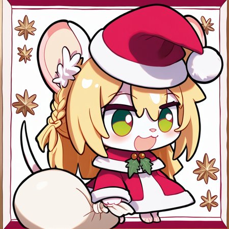 padoru <lora:padoru-IL-1.0:1>, masterpiece, perfect quality, best quality, anime coloring, 1girl, solo, padorumeme, padoru, christmas background, Chloe, 1girl, solo, long hair, blonde hair, animal ears, green eyes, furry female, mouse ears, mouse girl, mouse tail, body fur, white fur, bangs, animal nose,  <lora:Chloe_v02_PDXL:1>, score_9, score_8_up, score_7_up, score_6_up, score_5_up, score_4_up,