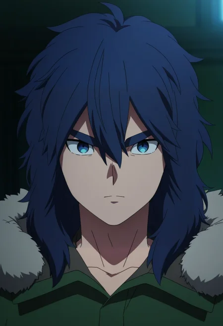 masterpiece, best quality, , anime screencap, anime coloring, official style, looking at viewer, 1boy, solo, male focus, <lora:yui_kemono_jihen_ilxl:0.9>, yui_kemono_jihen, blue hair, blue eyes, long hair, hair between eyes, bangs, thick eyebrows, green coat, fur trim,