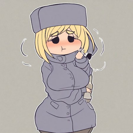 1girl,ushanka,blonde,solo,huge breasts,wide hips,thick thighs,winter coat,bottle in hand,blush,pout,puffed up cheeks,high quality,mad eyebrows