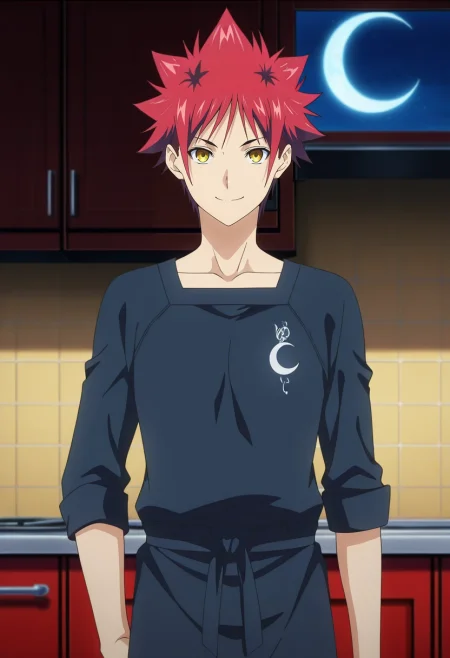 masterpiece, best quality, , anime screencap, anime coloring, official style, looking at viewer, 1boy, solo, male focus, <lora:souma_yukihira_ilxl:1>, souma_yukihira, red hair, yellow eyes, spiked hair, , straight-on, kitchen, cooking, night, crescent moon, arm at side, smile,