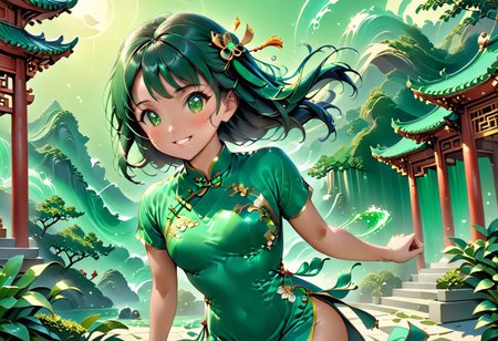 score_9, score_8_up, score_7_up, score_6_up, 1girl, petite body, 19yo beatifull, chinese girl, wearing green Cheongsam , fighting stance,  cute , shy, smile, background: chinese temple made out of jade, detailed background,  refreshing, dynamic lighting, dramatic and magical,