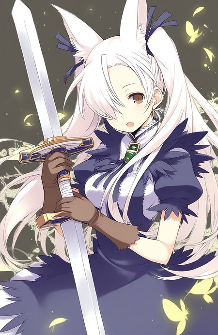 score_9, score_8_up, score_7_up, source_anime, rating_explicit, BREAK  <lora:Aliese_Martini_Ver2.0_XL:1> Aliese_Martini, 1girl, solo, long hair, weapon, sword, open mouth, hair over one eye, white hair, holding, holding weapon, breasts, puffy sleeves, holding sword, animal ears, dress, brown eyes, looking at viewer, short sleeves, gloves,