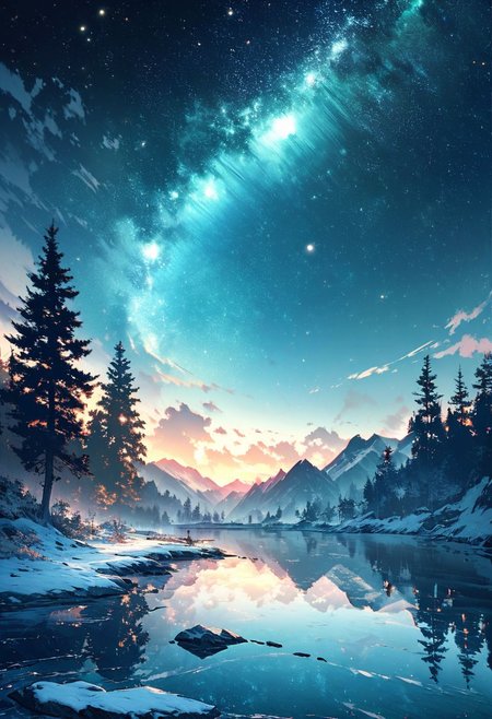 Create a breathtaking landscape that evokes awe and wonder. Picture a serene, pristine lake nestled among towering snow-capped mountains at night. The mountains should reflect perfectly in the crystal-clear water, with their peaks bathed in the cold light of the moon. Surround the lake with a lush forest of trees. Add a meandering path along the lake’s edge, inviting viewers to imagine a peaceful walk. Include a clear, starry sky emerging along with the moon, with a hint of the Milky Way visible. Enhance the scene with soft, glowing light to create a magical, almost otherworldly atmosphere.