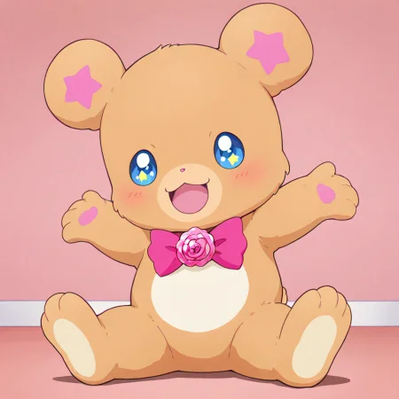 masterpiece, best quality, absurdres, very aesthetic, 
mofurun \(mahou girls precure!\), no humans, blue eyes, solo, open mouth, star in eye, :3, blush, smile, symbol in eye, sitting, full body, looking at viewer, pink neckwear, pink bow, bowtie, outstretched arms, :d, symbol-shaped pupils, simple background, teddy bear, 1other, shadow, ribbon, brooch, pink background, star-shaped pupils, + +, sparkling eyes, arms up, happy, spread arms, pink flower, standing, indoors, pink rose, animal focus, bear costume, mascot
<lora:mahoutsukai_precure_all_in_one_illustXL_locon_v1:0.7>