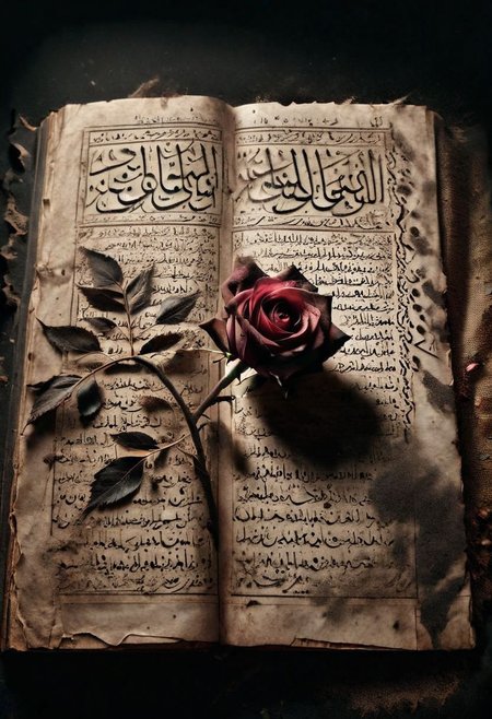 A withered ais-crsd rose lying on an ancient  Arabic book, its petals blackened and curled, on a table covered in dust. <lora:ais-crsd-sdxl:1>,volumetric lighting), (dynamic lighiting), godrays, Rembrandt lighting, real shadows, intricate detail