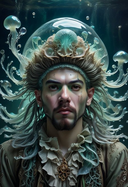 long mid shot portrait photography of an ethereal young  pirate man, fairytale aesthetic. light green sheme, Photorealistic, intricate details, realism, sfw, ultrasharp, photography, floating, water, under water, jellyfish, haute couture, tentacles, bioluminescence