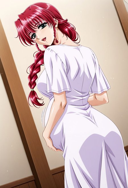 masterpiece, best quality, newest, highres, uncensored, 1girl, yokota mamoru style,motion lines,1girl,Yamashita Kumi, Braided Hair Loopies, Long Hair, Red Hair, Spiky Bangs,Cyan eyes, Tareme eyes, Young-adult,pregnant, solo, long hair, blue eyes, smile, green eyes, looking back, hands on own stomach, dress, open mouth, heterochromia, hand on own stomach, dutch angle
