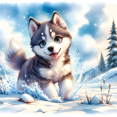 SoftWaterColors,a husky puppy playing in the snow,  <lora:SoftWatercolors:1>