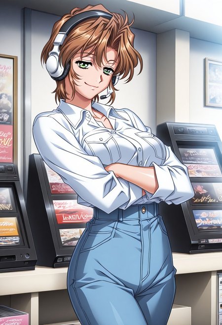 masterpiece, best quality, newest, highres, uncensored, 1girl, yokota mamoru style,1girl,
Hiizumi Hikaru,Brown Hair, Curtained Hair, Short Hair, Wavy Hair,Green Eyes,Slim
music store, browsing records, headphones, vinyl collection, nostalgic, , , crossed arms, smile, smug, solo,, cowboy shot, dutch angle