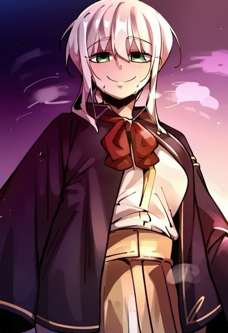 score_9, score_8_up, score_7_up, score_6_up, source_anime, rating_explicit, 1girl, solo, medium breasts, cleavage, smile, Narrow shoulders, heavy breathing, steaming body, looking at viewer, standing, curvy, EvangelineCross, green eyes, white hair, long hair, school uniform, doppel style