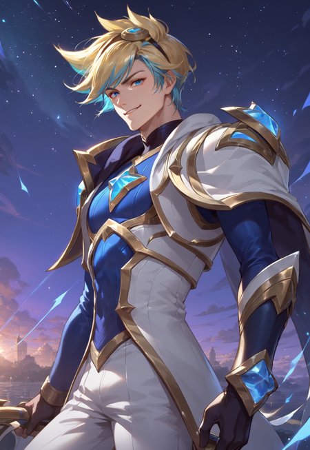 safe_pos, Score_9, Score_8_up, Score_7_up, best quality, shading, shading detailed, countershading, Expressiveh, dynamic scene, starry night, streaked sky, anime,

Star Guardian Ezreal, (((solo))), 1boy, male focus, handsome face, blonde hair, blue eyes, multicolored hair, blonde hair, blue hair, pale skin, detailed skin, skin shading, white jacket, white pants, gloves, star guardian (league of legends), gauntlet weapon, smirking at viewer, standing